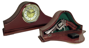 Peace Keeper MGC Mantle Gun Clock Front Panel Entry Mahogany Stain Wood Holds 1 Handgun 14.62″ L x 7.37″ H x 3.75″ D