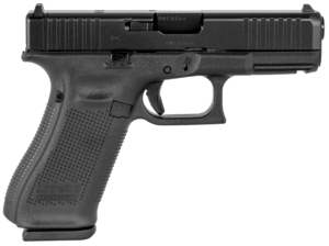 Glock PA455S201MOS G45 Gen5 Compact Crossover MOS 9mm Luger Caliber with 4.02″ Glock Marksman Barrel, 10+1 Capacity, Overall Black Finish, Picatinny Rail Frame, Serrated/MOS Cut nDLC Slide, Rough Texture Interchangeable Backstraps Grip & Fixed Sights