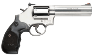 Smith & Wesson 150854 Model 686 Plus 38 S&W Spl +P 357 Mag 7rd 5″ Stainless Steel Barrel & Cylinder Satin Stainless Steel Frame with Black & Silver Custom Wood Grip & Red Ramp Front Sight