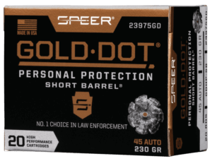Speer 23975GD Gold Dot Personal Protection Short Barrel 45 ACP 230 gr 820 fps Hollow Point (HP) 20rd Box